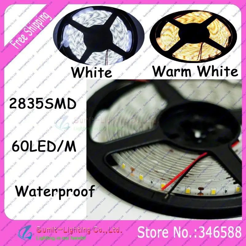 

5M/Roll 300LEDs Super Bright 2835SMD DC12V 60led/m Flexible LED Strip IP65 Epoxy Resin Waterproof, white/warm white Color