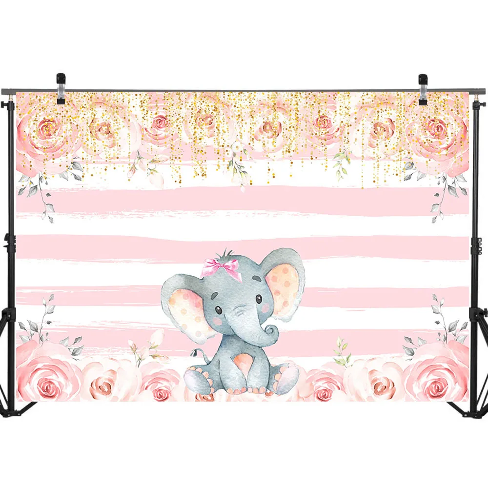 Girl Elephant Photo Backdrop Pink and White Stripe Birthday Floral Backdrops Elephant Baby Shower Cake Table Decoration Banner enlarge