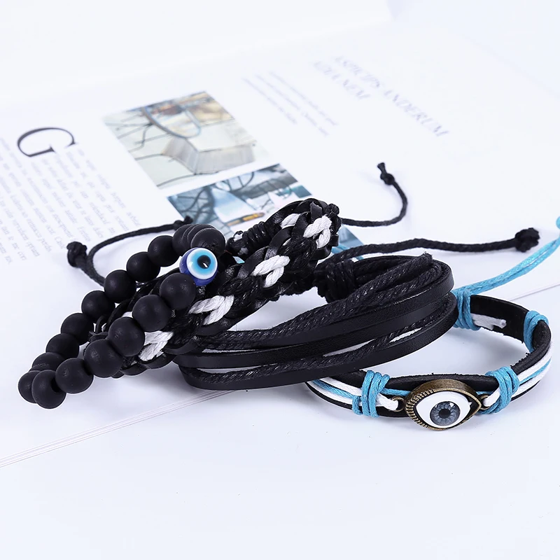 4 шт./компл. хиппи Панк Черная кожа сглаза очарование белый синий шнур узелки