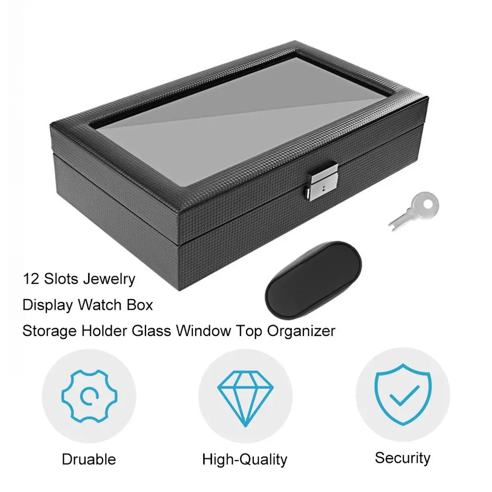 12 слотов Роскошные ювелирные изделия Дисплей Коробка для часов черный