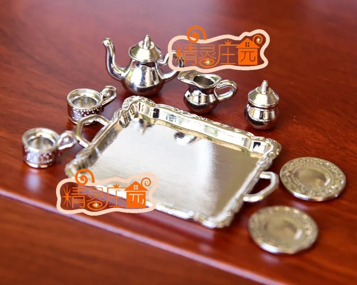G05-X4340 children baby gift Toy 1:12 Dollhouse mini Furniture Miniature rement silver metal coffee tea cup set | Игрушки и хобби
