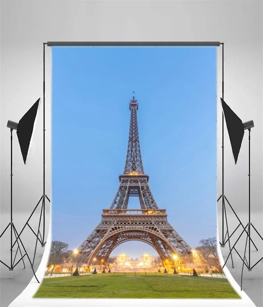 

Photography Backdrop Eiffel Tower Shining Lights Green Grass Lawn Blue Sky Nature Romantic