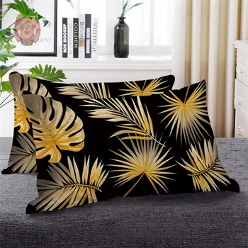 BlessLiving Golden Leaves Down Alternative Bed Pillow Black White Tropical Leaf Plant Bedding 1pc Decorative Sleeping Pillows 4