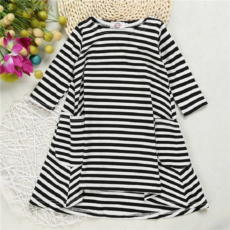 Платье в полоску с длинными рукавами для девочек цвет черный темно-синий Новинка