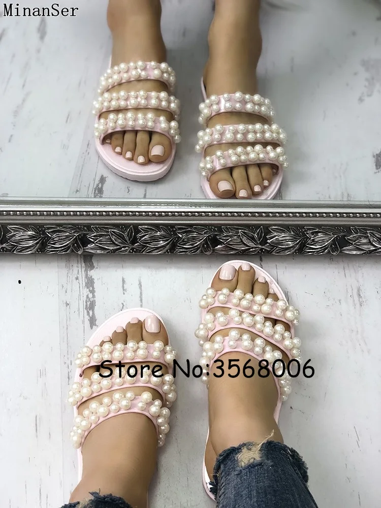 Pearl Embellished Open Toe Summer Women Slippers Beading Decoration Strap Lady Flats Slides Outside Beach Shoes | Обувь