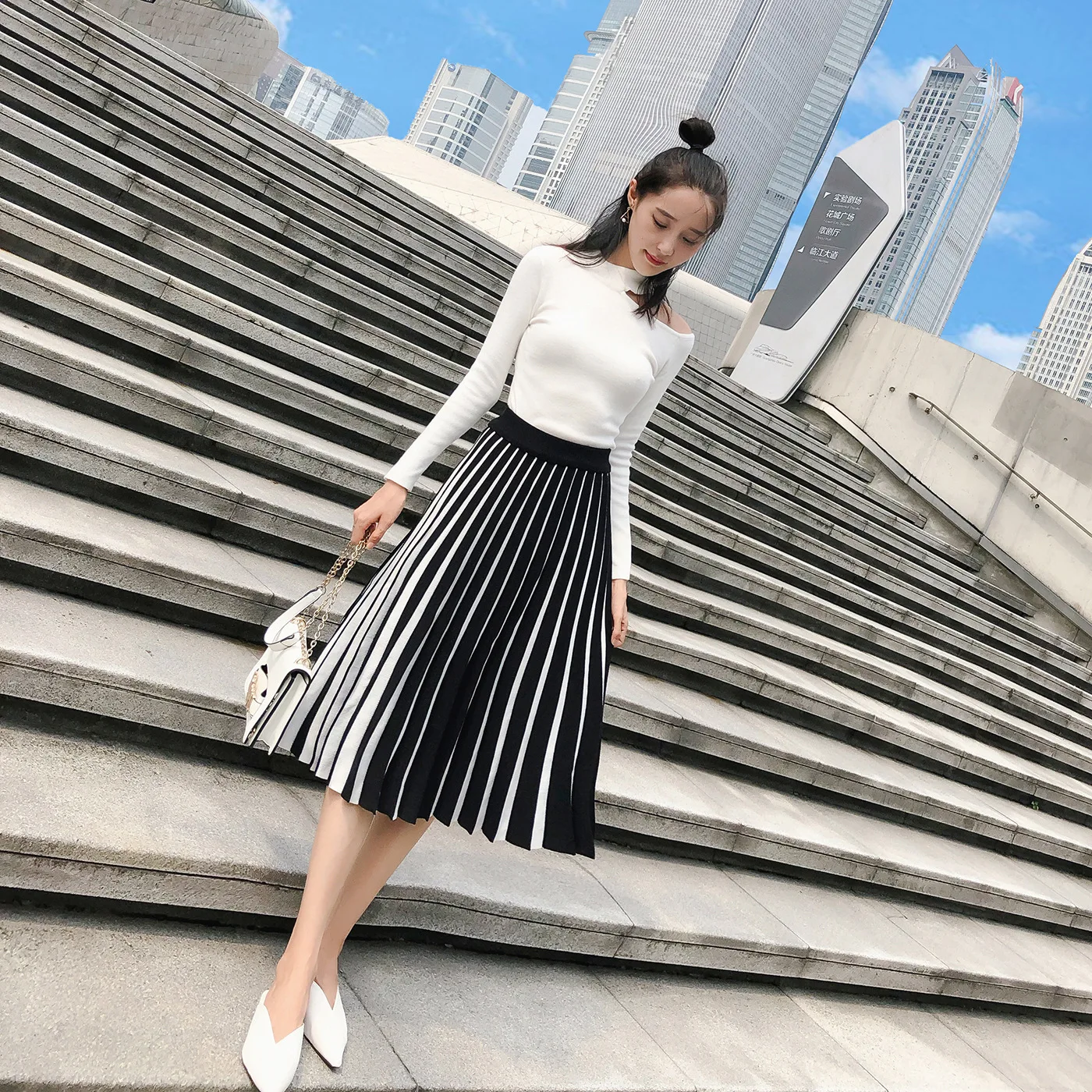 Контрастные цвета трикотажные плиссированные юбки женские Осень Зима Вязанная