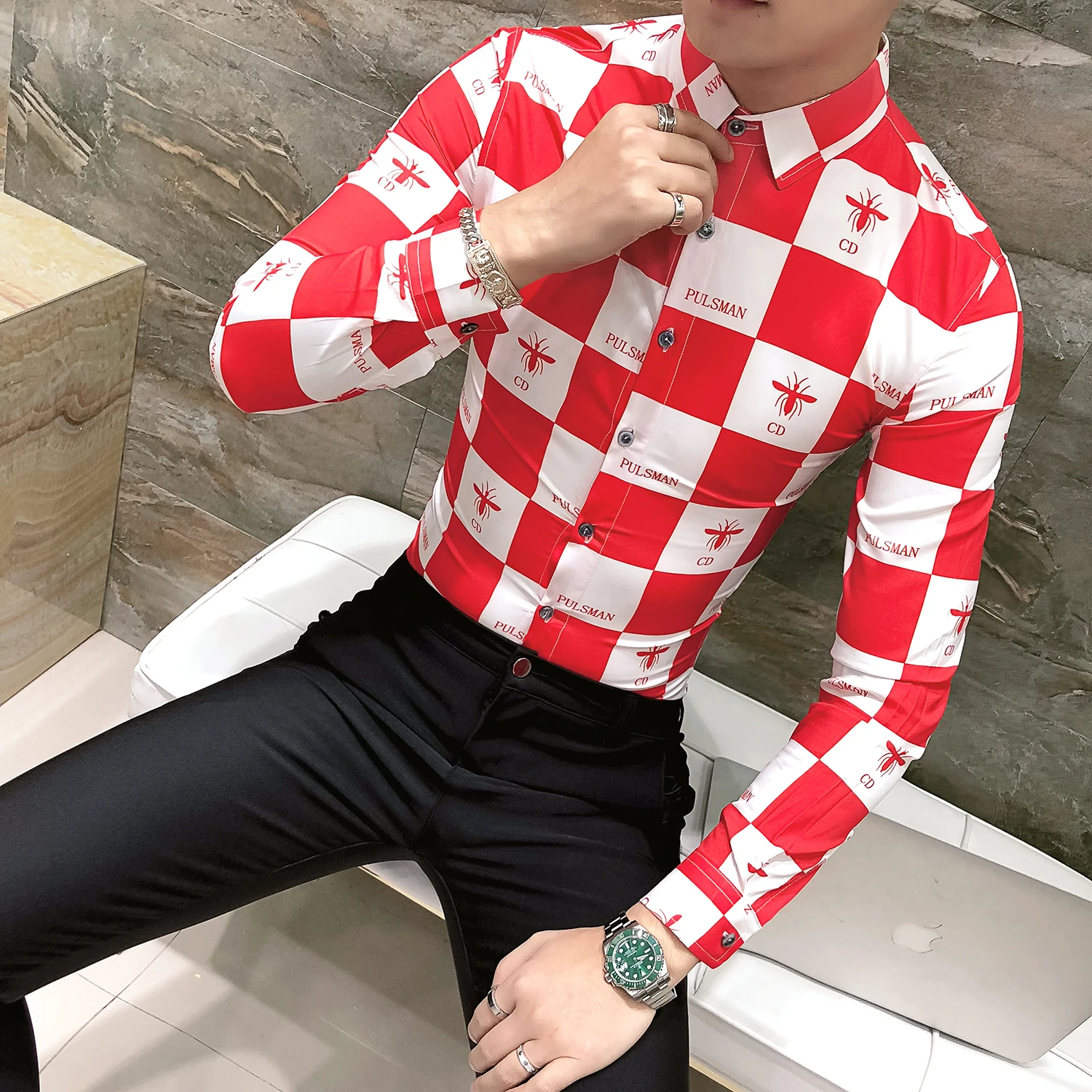 red Высокое качество рубашки мужская одежда Весна новая Корейская клетчатая рубашка с принтом Мужская рубашка с длинным рукавом Camisa Masculina Camisa Homem синий - Цвет: red
