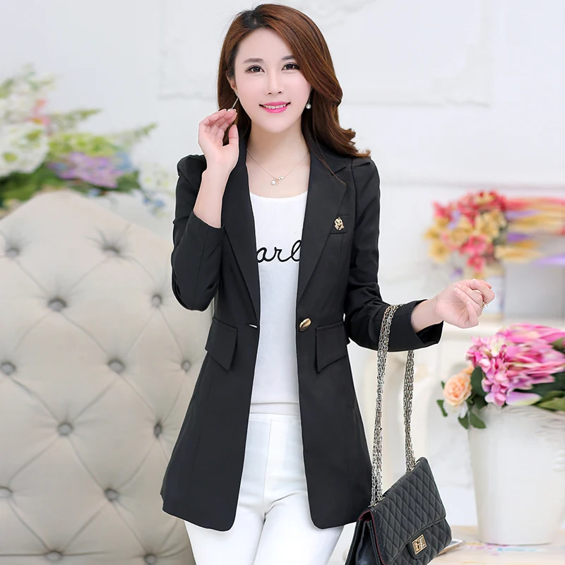 

Large Size XXXL Spring Autumn Women Casual Long Blazers Coats Notched Collar Full Sleeve Single Button Slim Fashion Cardigans