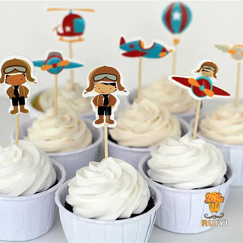 72pcs Retro Airplane cake toppers party cupcake picks cases hot air balloon kids birthday decoration baby shower candy bar | Дом и сад
