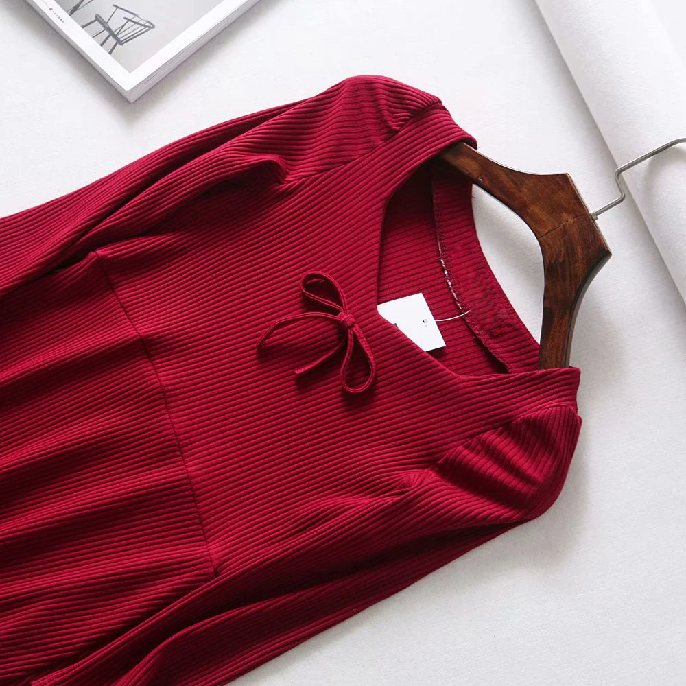 2018 весна осень нить трикотажное платье Женская площади шеи галстук бабочка