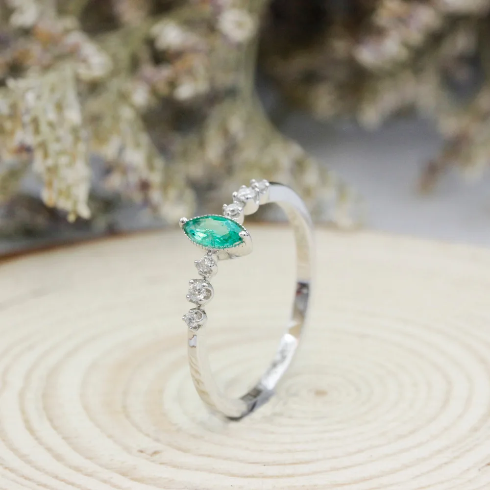 LASAMERO маркиза огранка 0.15ct натуральный изумруд драгоценный камень 18 к белое золото Винтажный стиль Алмазные акценты обещание обручальное кольцо