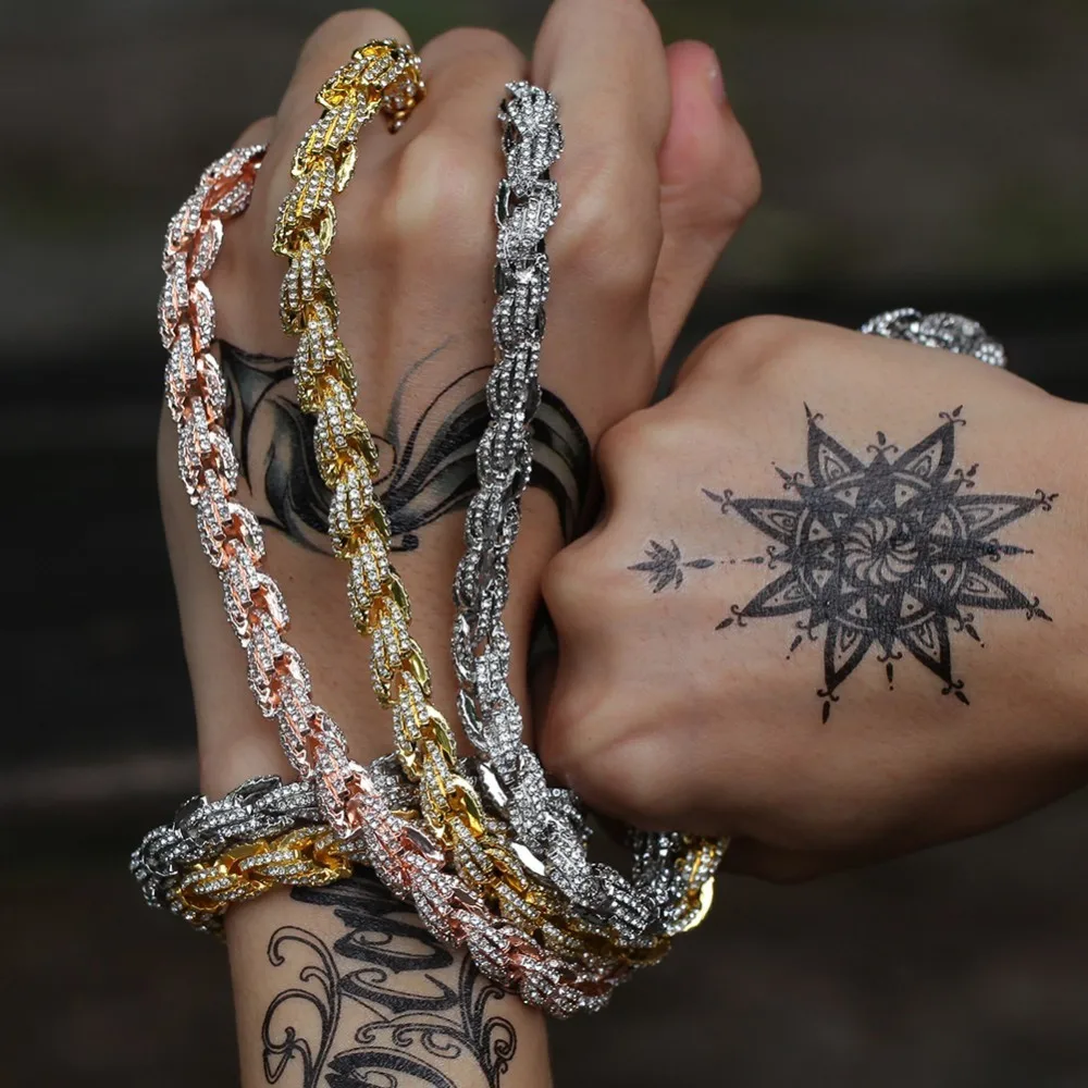 UWIN 9mm Rope Chain Necklace Silver/rose Gold /gold Color Iced Out Rhinestones Hiphop Necklaces Jewelry Men Women Drop Shipping