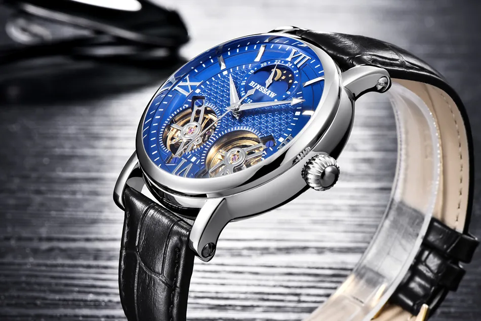 BINSSAW Tourbillon Автоматическая Механические Для мужчин часы оригинальные модные Элитный бренд кожа Бизнес часы Relógio Masculino