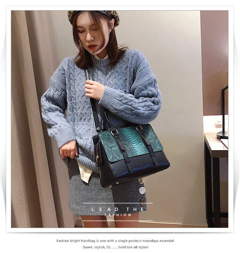 Fashion Serpentine Pattern Women Handbag Big Snake Skin PU Leather Crossbody Female Bag Brown Green Sac Femme Large Shoulder Bag
