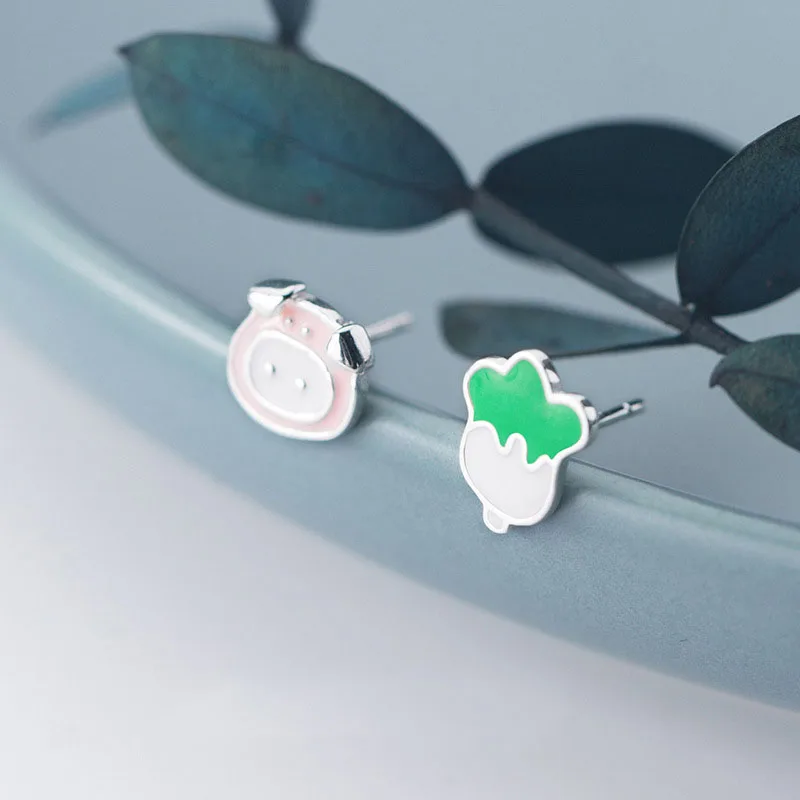 Asymmetric Animal Pig Head Cabbage 925 Sterling Silver Studs Earrings | Украшения и аксессуары