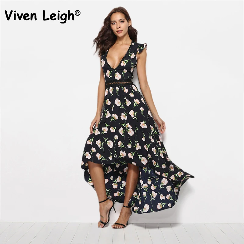 Elegant Floral Print Lace Trim Maxi Dress Party Vestidos Sexy Deep V Neck Backless Summer Women Boho Irregular Long | Женская одежда