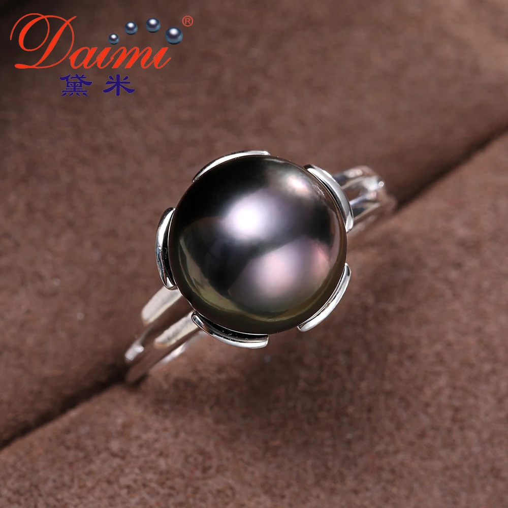 DAIMI 10-11mm Black Natural Tahitian Pearl Jewelry 925 Sterling Silver Ring for women cubic zirconia ring christmas gifts | Украшения и
