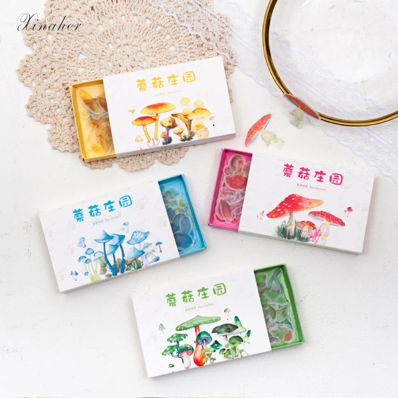 

XINAHER 60pcs/lot Colorful mushrooms series Matchbox Boxed Sticker Pack Handbook Journal Diary Decorative Paper Scrapbooking
