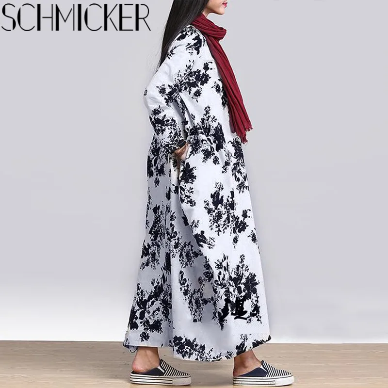 SCHMICKER весеннее модное женское платье с О-образным вырезом и длинным рукавом vestidos Повседневные с цветочным принтом из хлопка и льна мешковатые вечерние длинные платья макси