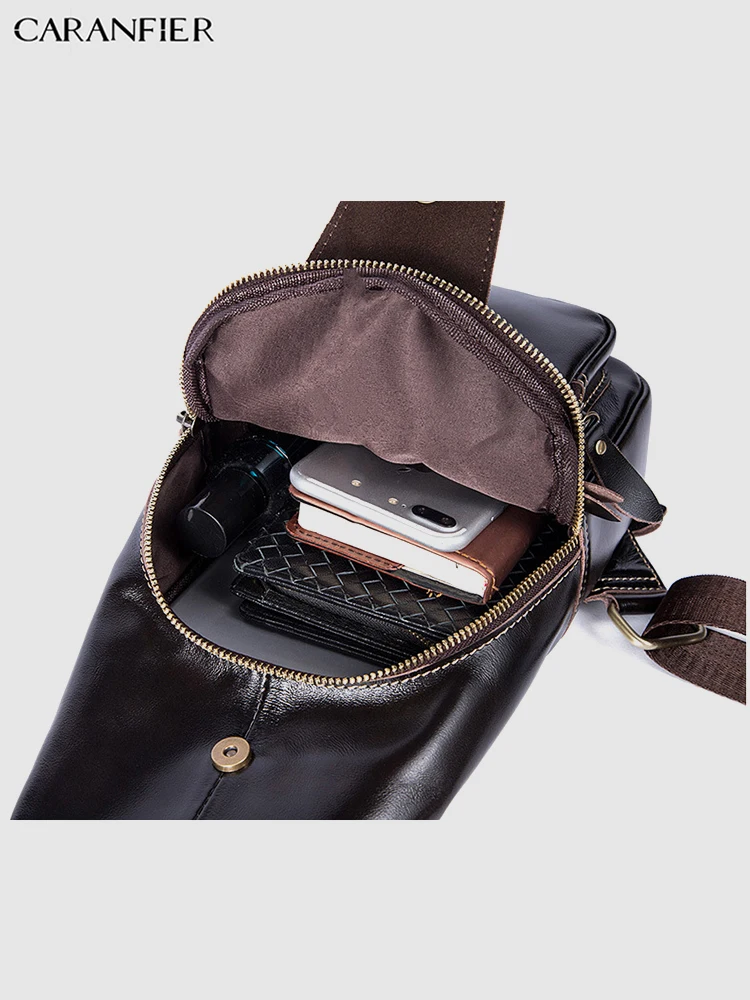 

CARANFIER Mens Chest Bags Shoulder Messenger Bags Genuine Cowhide Leather Casual Zipper Soft Male Classic Small Solid Travel Bag