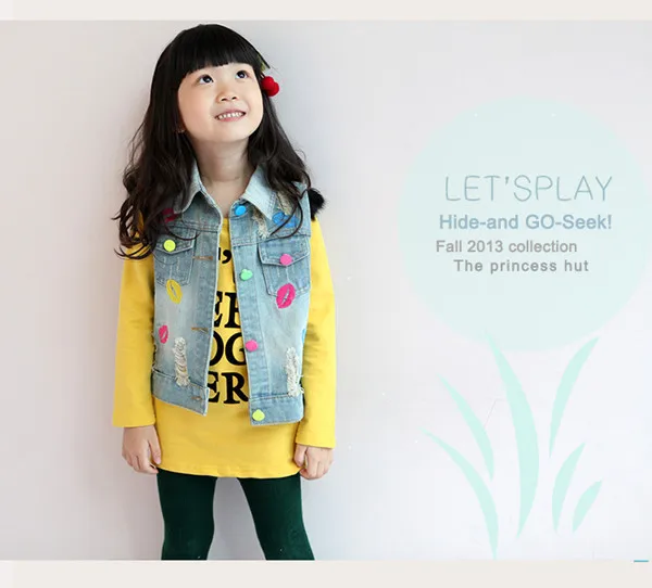 Модный детский весенний джинсовый жилет 2017 ковбойский для девочек голубой Kiss Mouth