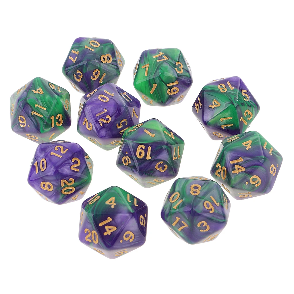 Новые 10 шт 20 сторонних акриловых игральных костей D20 многогранные игральные кости для подземелий драконов настольные игры Зеленый Фиолетовый Кемпинг Туризм Путешествия игральные кости