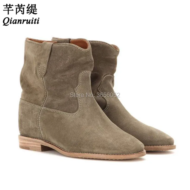 

Qianruiti Dames Schoenen Vintage Shoes Woman Pointed Toe Motorcycle Short Bootie Height Increasing Concealed Wedge Ankle Boots