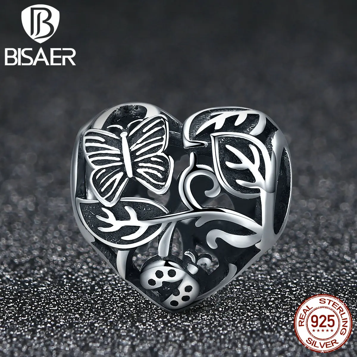 BISAER, 925 пробы, серебряные, Бабочка, любовь, цветок, амулеты в форме сердца, бусины, подходят для браслетов, сделай сам, 925 серебряные ювелирные изделия ECC155