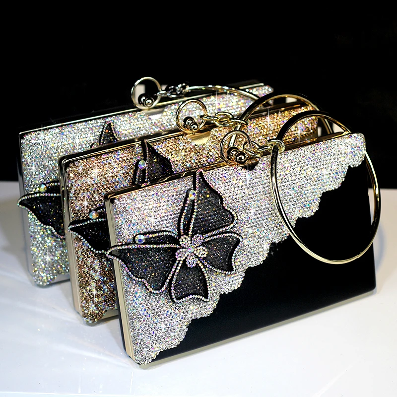 

Crystal Handbag Totes Luxury Clutches Butterfly Women Wedding Shoulder Bags Genuine Leather Rhinestone Chain Evening Party Bags