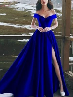 sexy v neck royal blue evening dresses a line long satin off shoulder robe de soiree floor length split prom formal party gowns