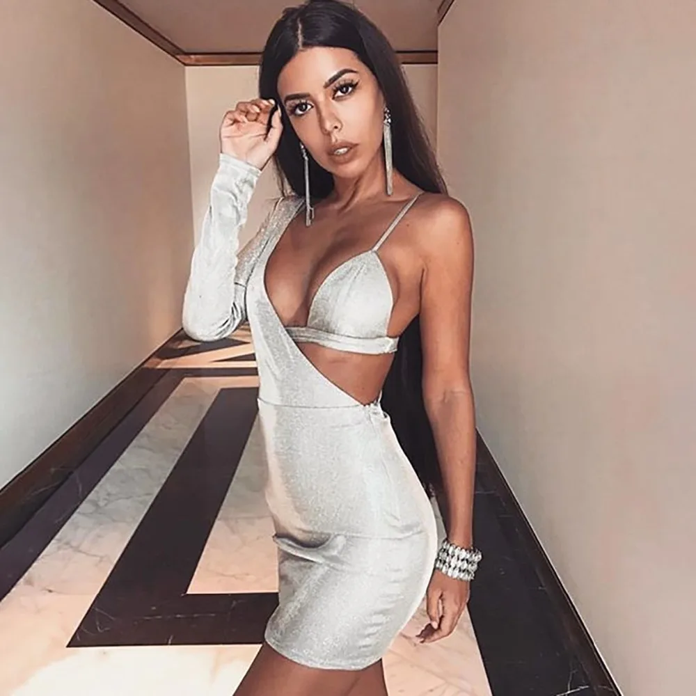 Серебряный вечерние рукав одно плечо вечернее платье 2 шт. выдалбливают Мини для