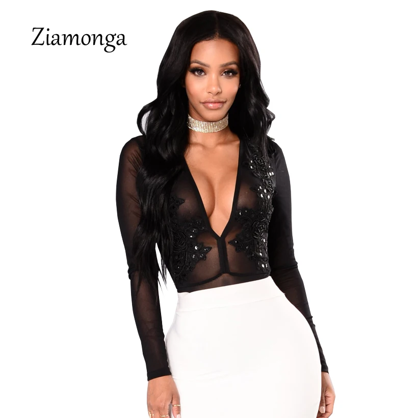 Ziamonga Sheer Mesh Applique кружевное сексуальное боди Женский v образный вырез с|elegant