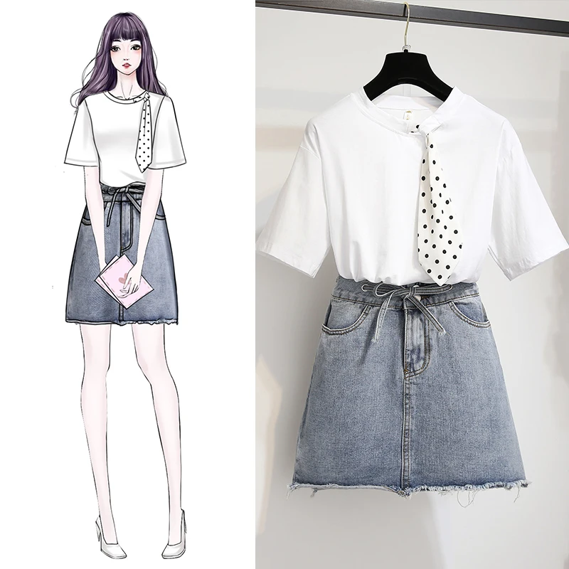 2019 Летняя мода Женская Повседневная футболка с короткими рукавами + джинсовая