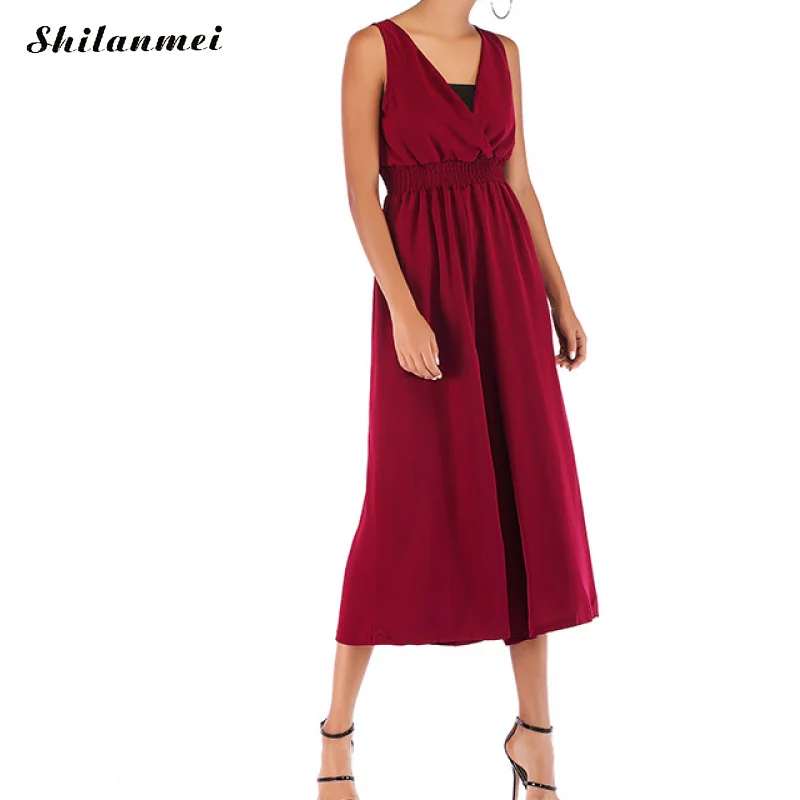 Шифоновый Женский Длинный комбинезон винно красный синий на шнуровке с открытой