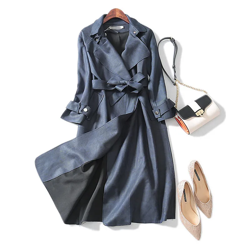 2019 High Quality Autumn New Long Suede Trench Coat Cardigan With Belt Windbreaker Overcoat Female Long-sleeved Outerwear M146 | Женская