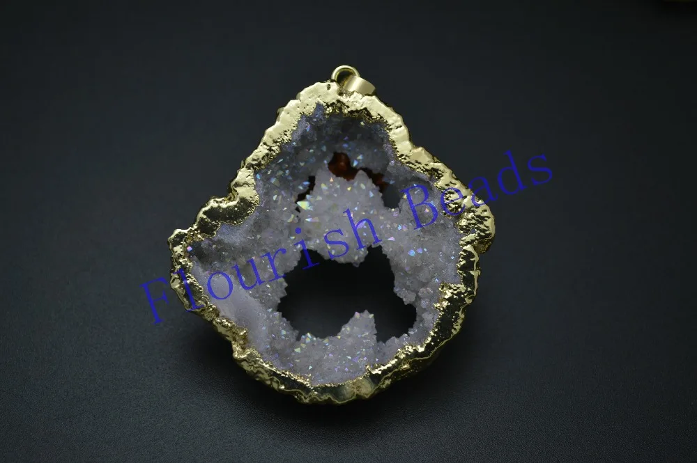 

Natural White AB Geode Drusy Freefrom Slice Stone Pendant Gold Color Plating