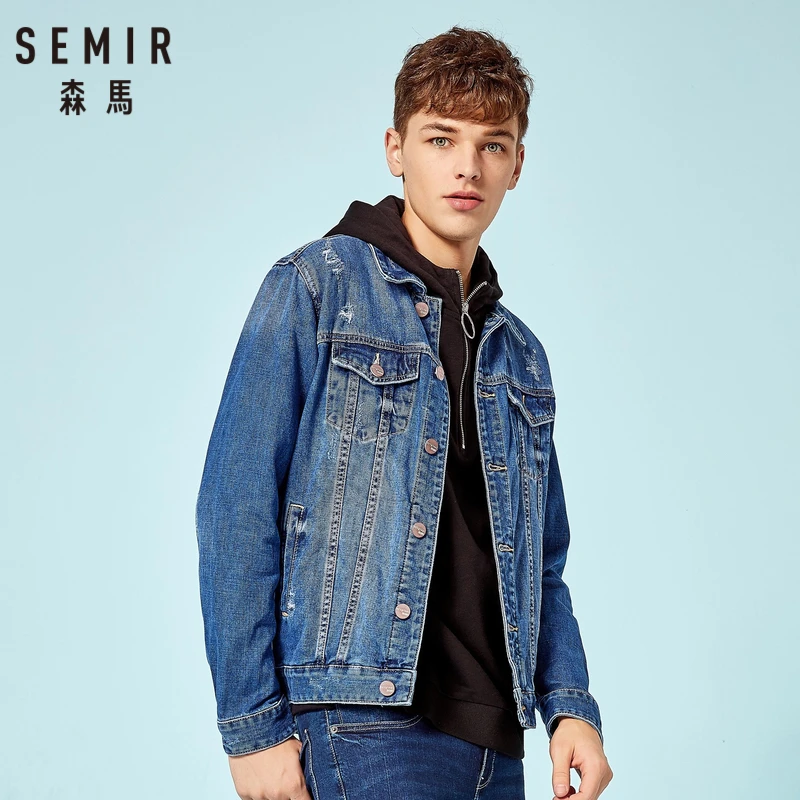 SEMIR Мужская джинсовая куртка из 100% хлопка с разрушением промытая воротником