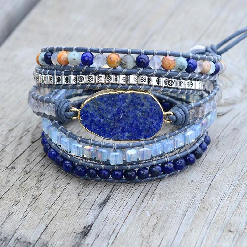 Прямая натуральные камни Lapis Charm 5 прядей wrap Браслеты Ручной Работы Boho браслет женский кожаный браслет