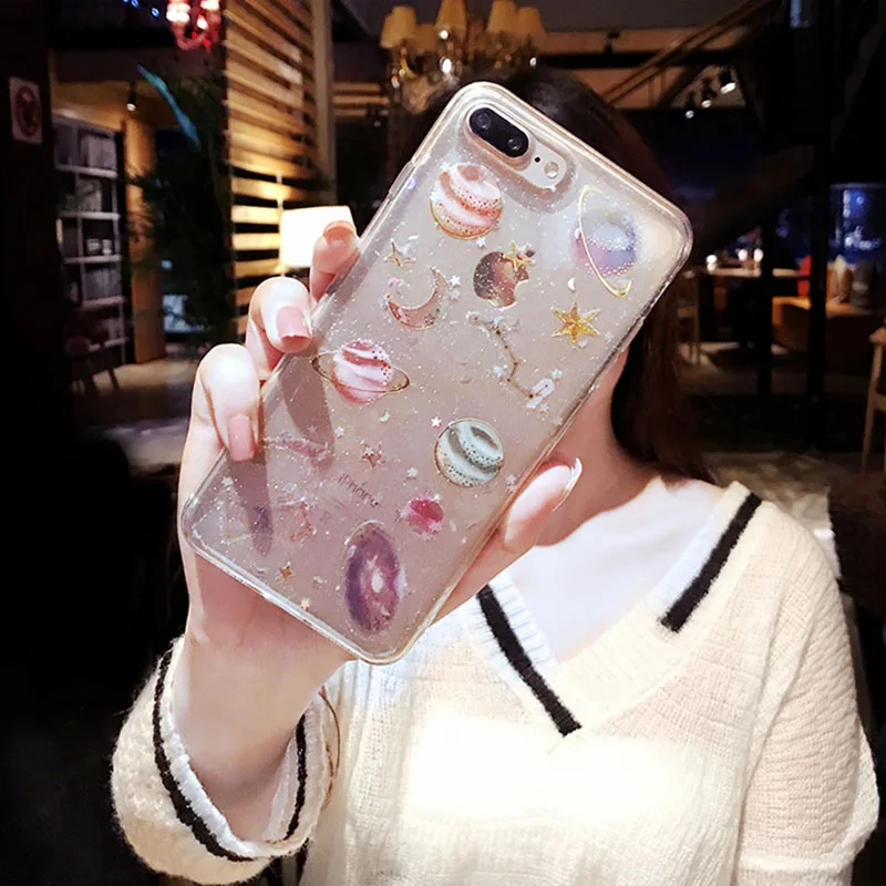 Glossy Starry Sky Epoxy Silicone Soft TPU Case For iphone XS max xr X 3D Saturn Star Circle Back Cover 6s 6 7 8 Plus |