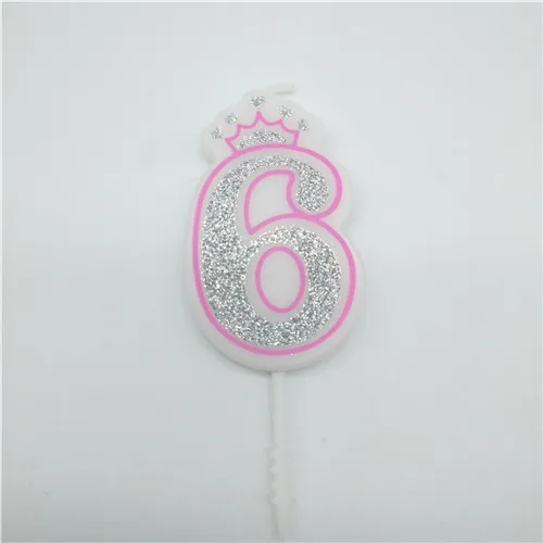 pink 6 Свечи с цифрами 0, 1, 2, 3, 4, 5, 6, 7, 8, 9, блестящие серебристые, розовые, голубые свечи с короной для детей, девочек и мальчиков, украшения для торта для вечеринки на день рождения - Цвет: pink 6