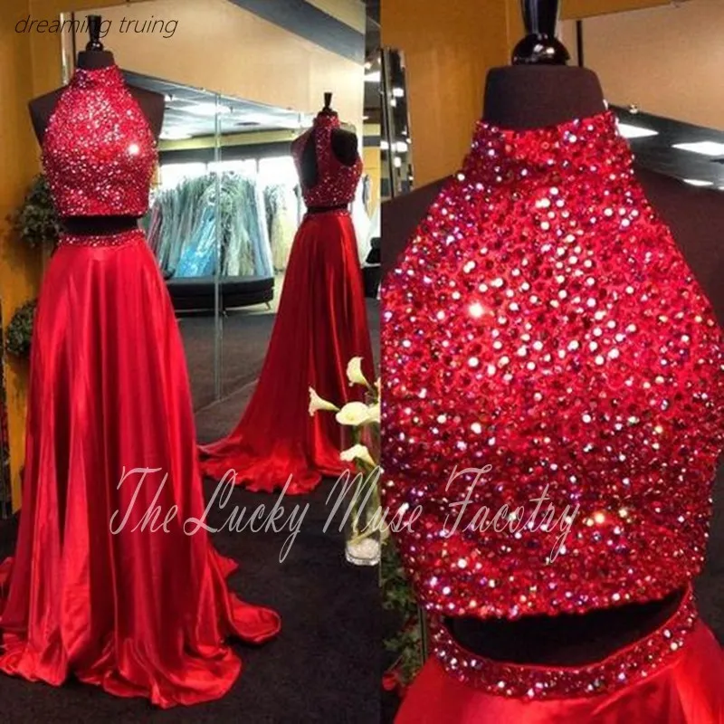 Длинное Красное платье для выпускного вечера с блестящими пайетками расшитое