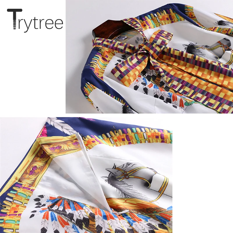 Trytree лето осень шелковистый принт женский костюм из двух предметов галстук