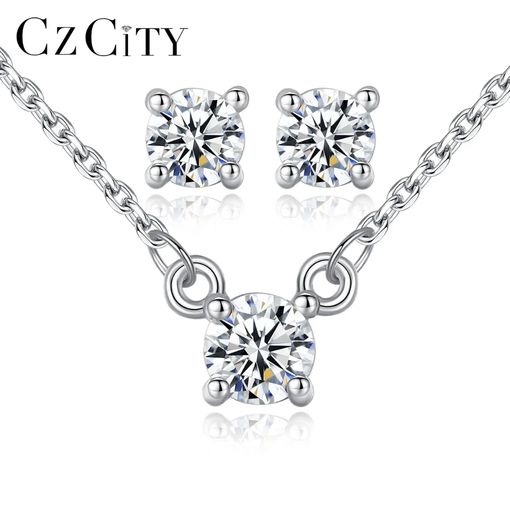 Czcity Простой Классический Diamond 925 стерлингов Серебряные серьги Цепочки и ожерелья