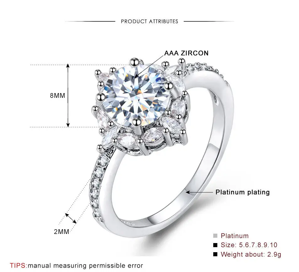 Кольцо с большим кубическим цирконием модные свадебные ювелирные изделия