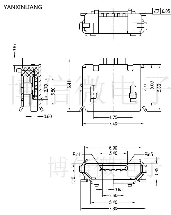 100 шт. micro USB разъем 5pin SMD Pin длинная игла медный корпус порт для зарядки Mini usb |