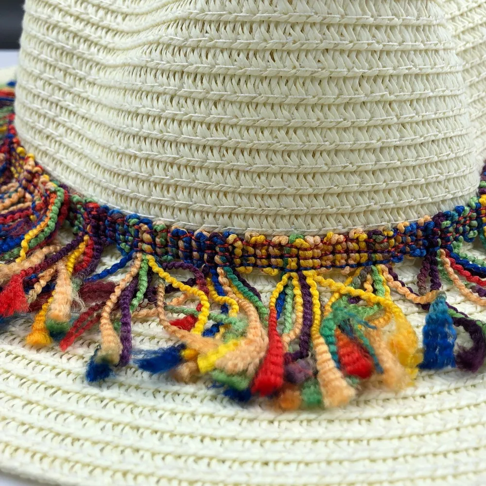 Женская соломенная шляпа с широкими полями однотонная пляжная кепка бахромой