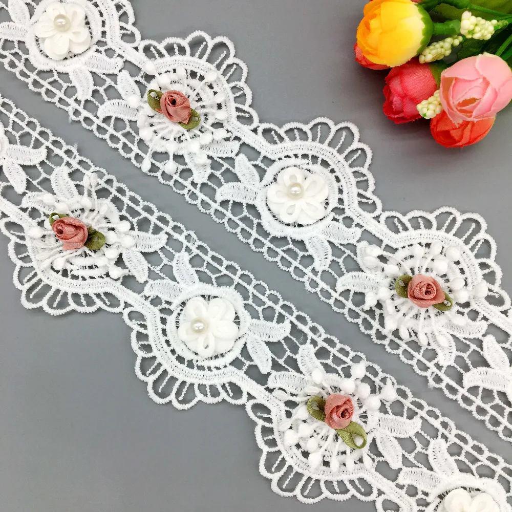 

2 yard 3D Flower Pearl Soluble Waving Lace Trim Wedding Dress French Fabric Ribbon Sewing Embroidered Child Applique Craft