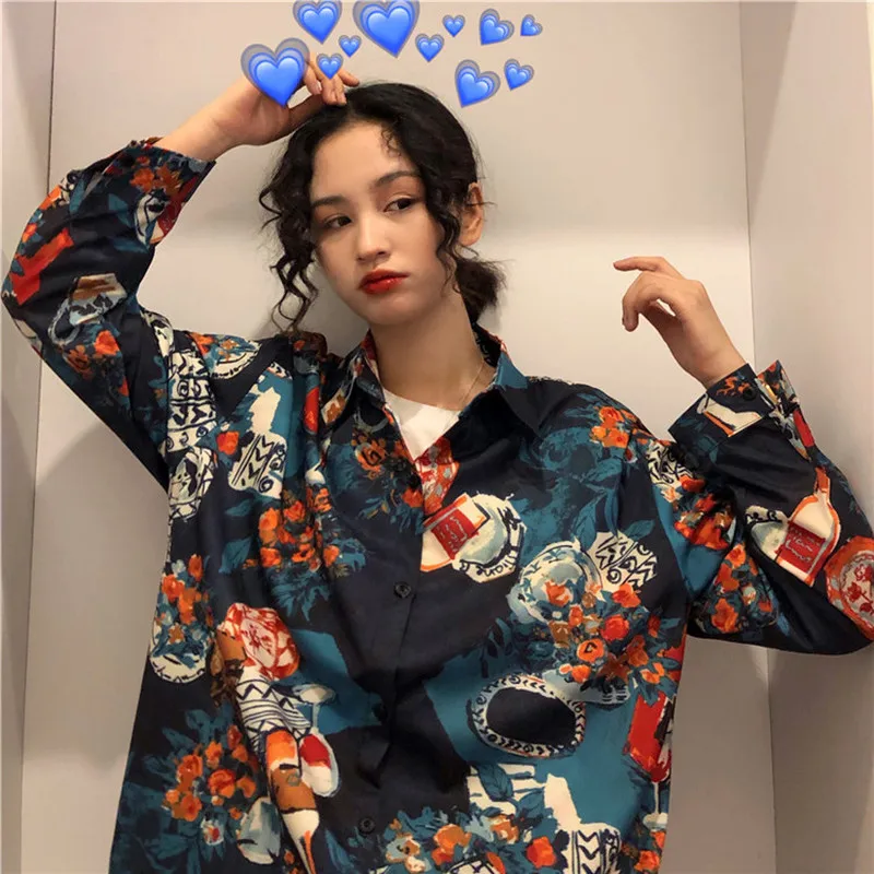 Woherb винтажная Блузка Женская Harajuku рубашка Топ 2020 уличная Свободные повседневные