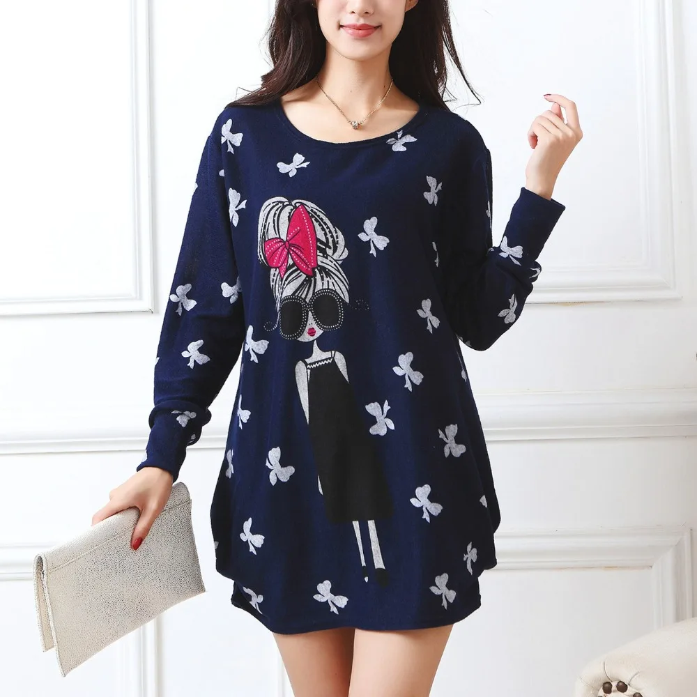 

2019 new antumn winter Fashion Women long sleeve Dresses Plus Size Dress Loose casual tops tunic pullover print mini blue
