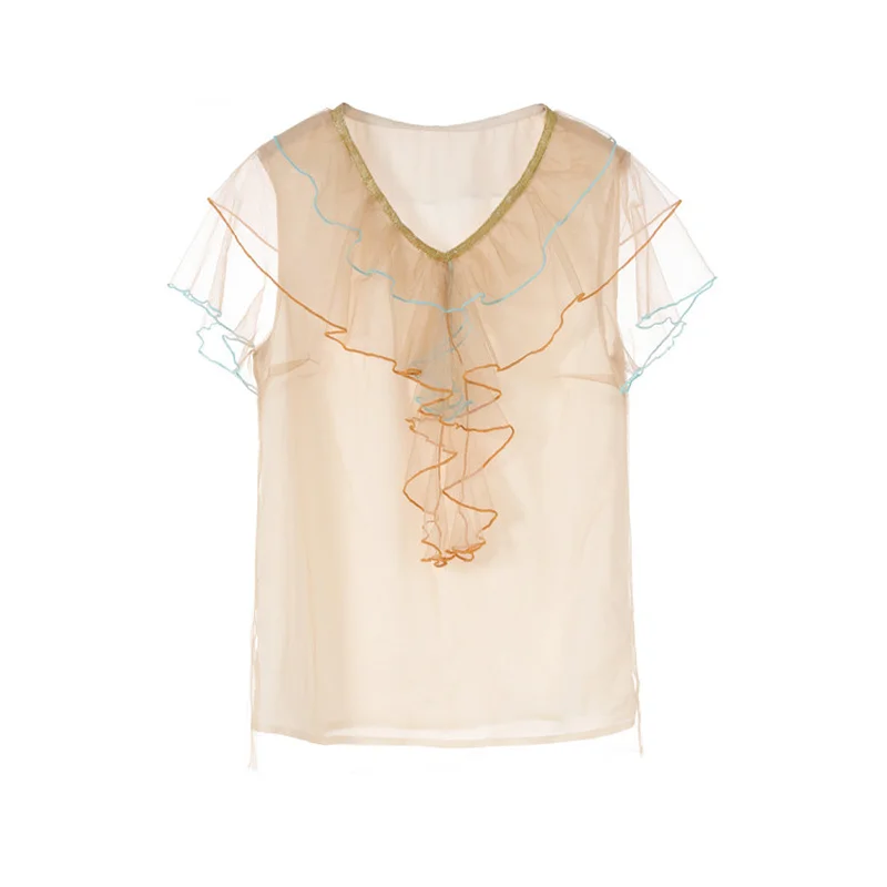 Женский комплект из 2 предметов: блузка с оборками и сетчатая юбка высокой талией